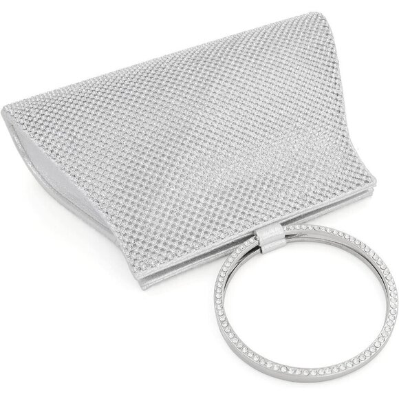 Women Silver Crystal Clutch Elegant Wristlet Bride Handbag - Picture 4 of 6